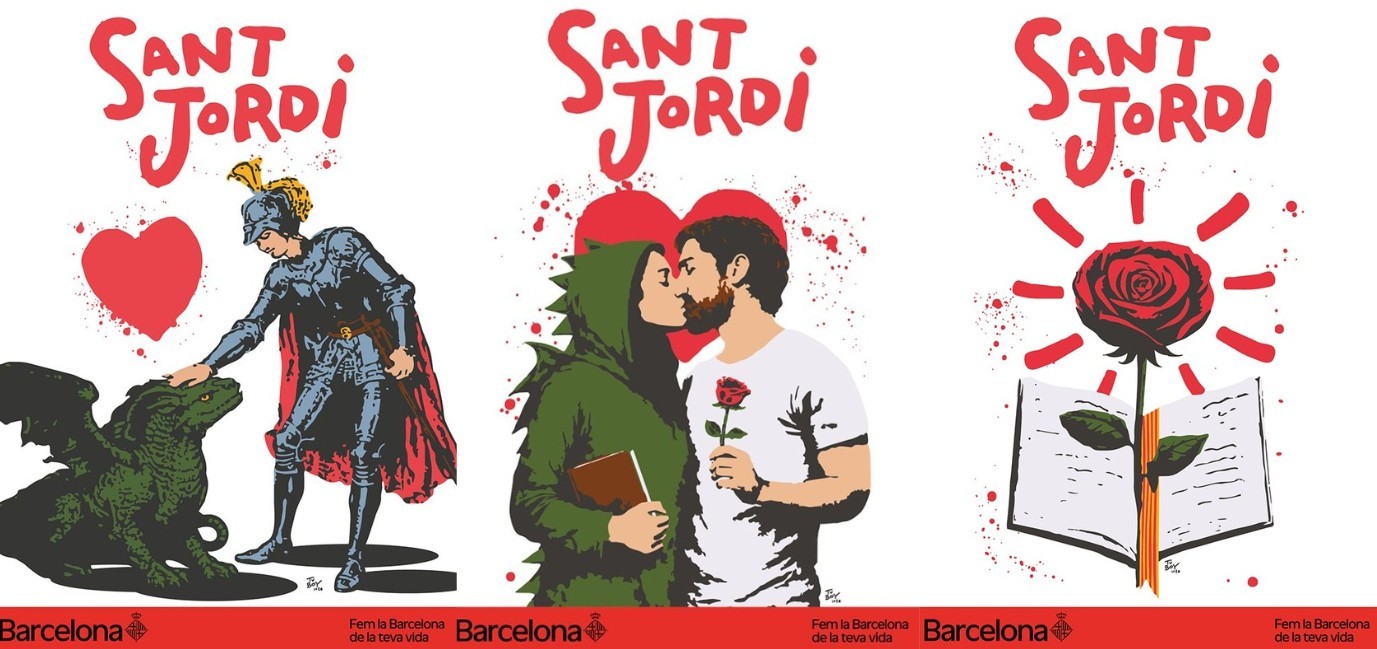 Ilustración de Sant Jordi con rosa y libro, símbolo del día en Barcelona