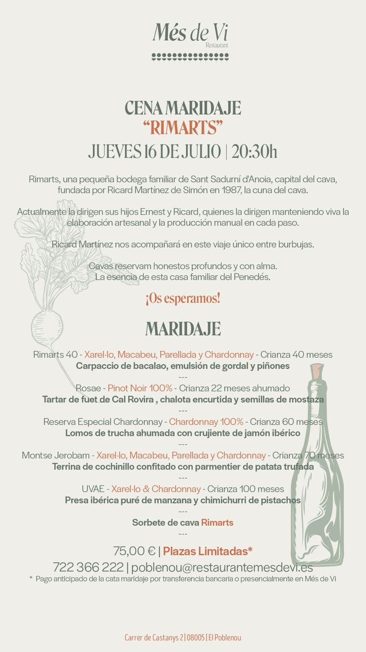 Cartel de la cena maridaje Rimarts en Més de Vi, Poblenou, el 16 de julio