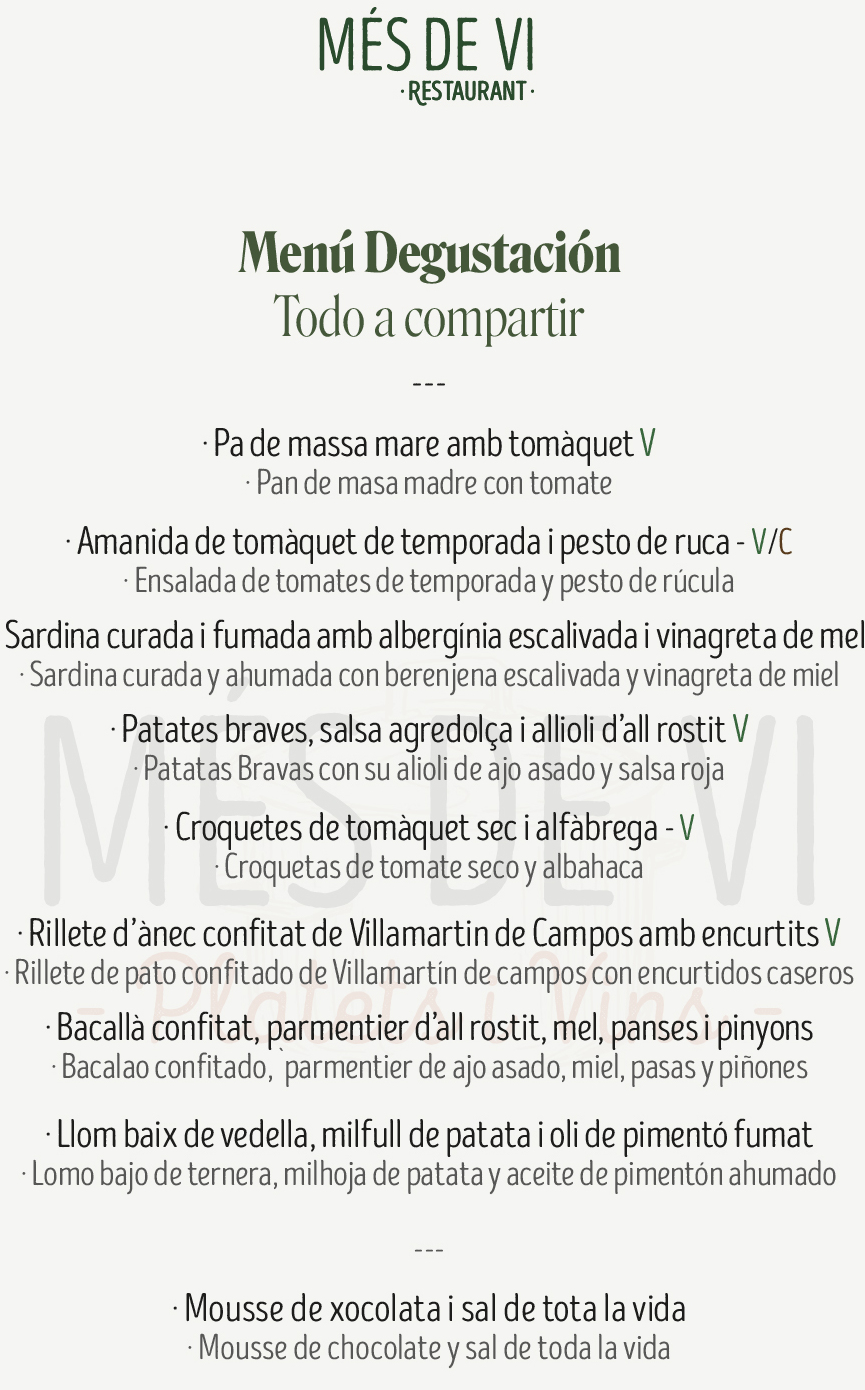 Menú de mediodía para grupos de 50 euros disponible en Més de Vi, Poblenou