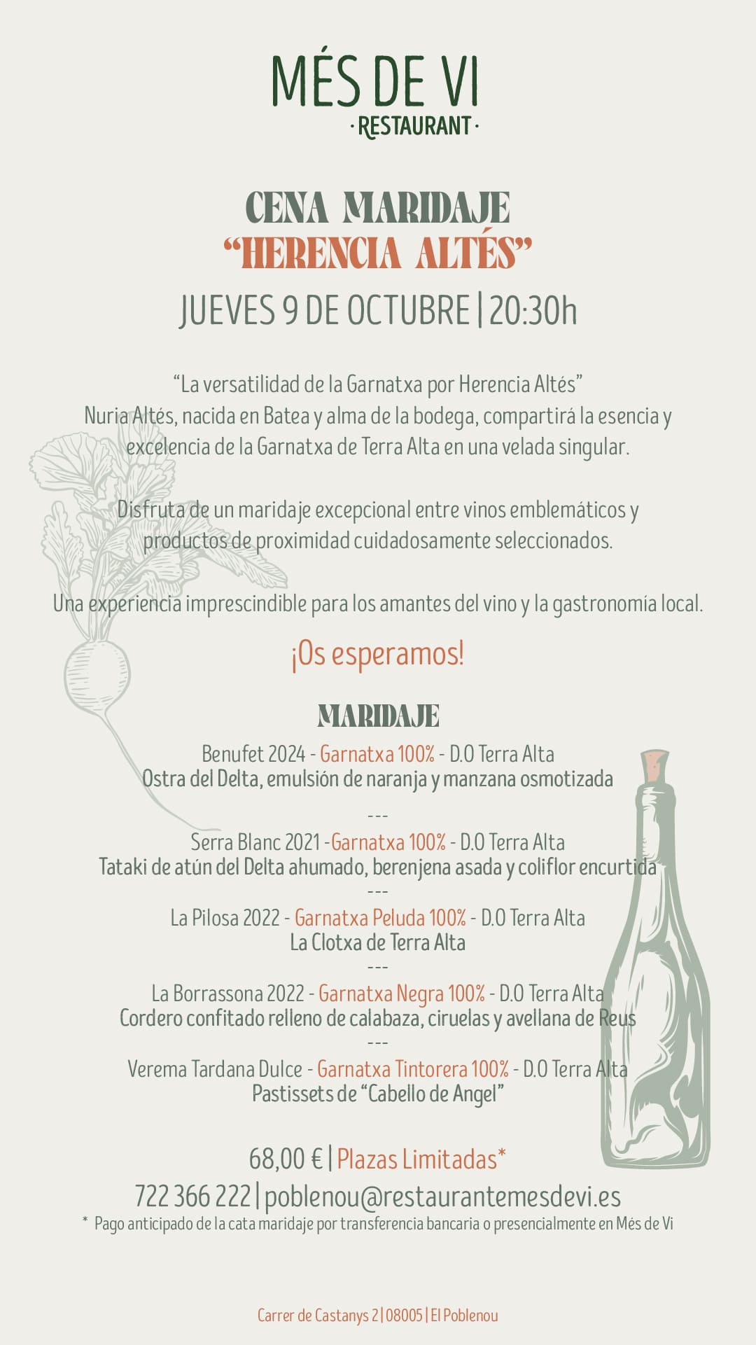 Cena maridaje con vinos de la Bodega Herencia Altés en Mes de Vi
