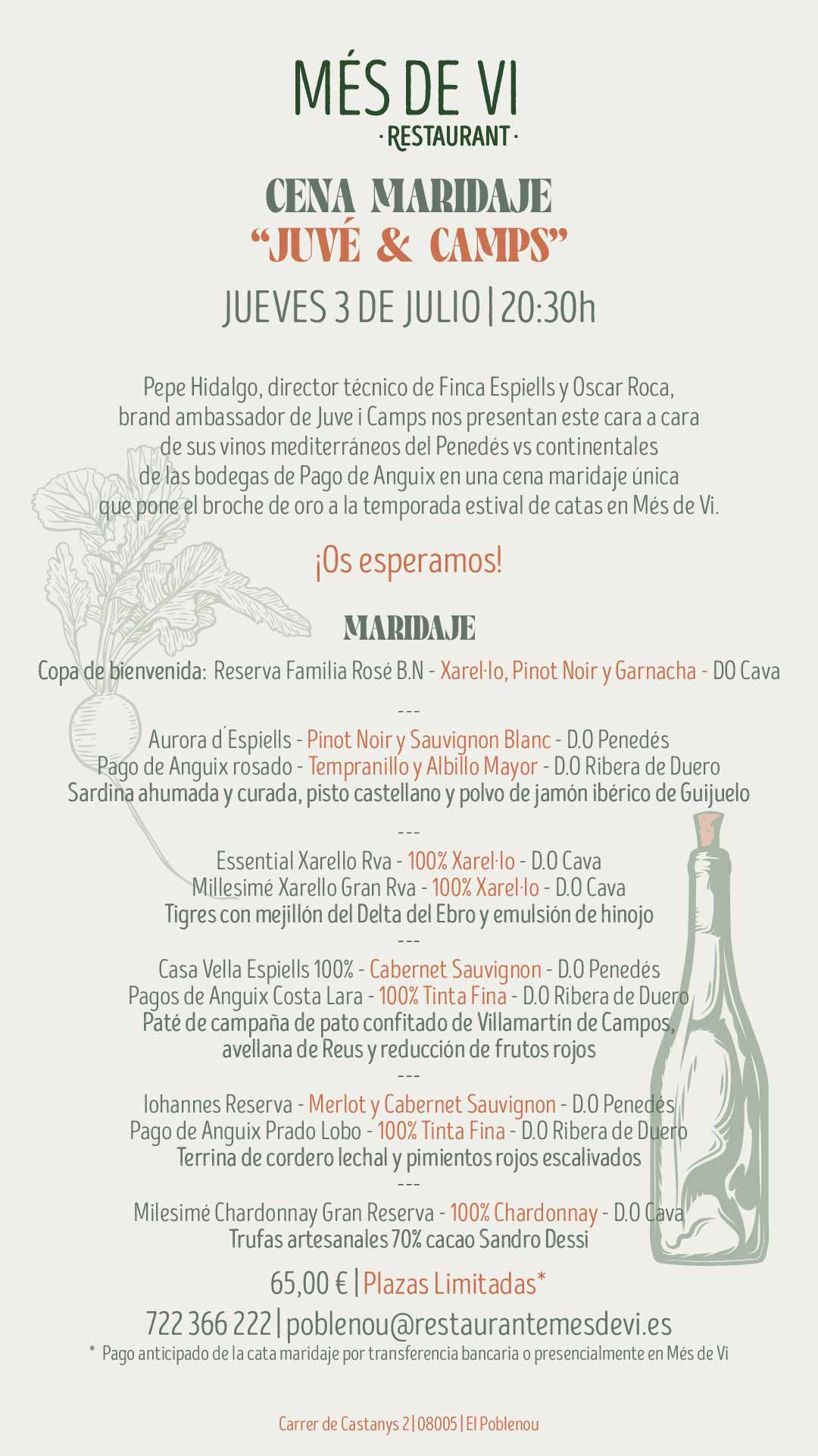 Wine pairing dinner setup at Més de Vi