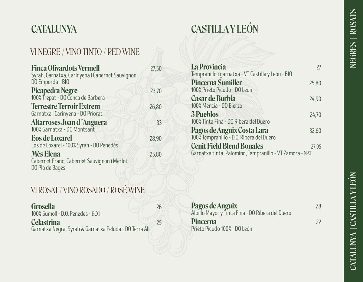Carta de Vinos Més de Vi Restaurant: tintos y rosados.