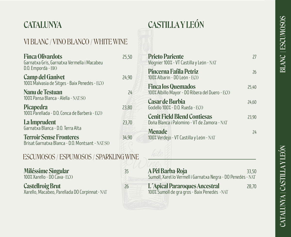 Carta de Vinos Més de Vi Restaurant: blancos y espumosos.