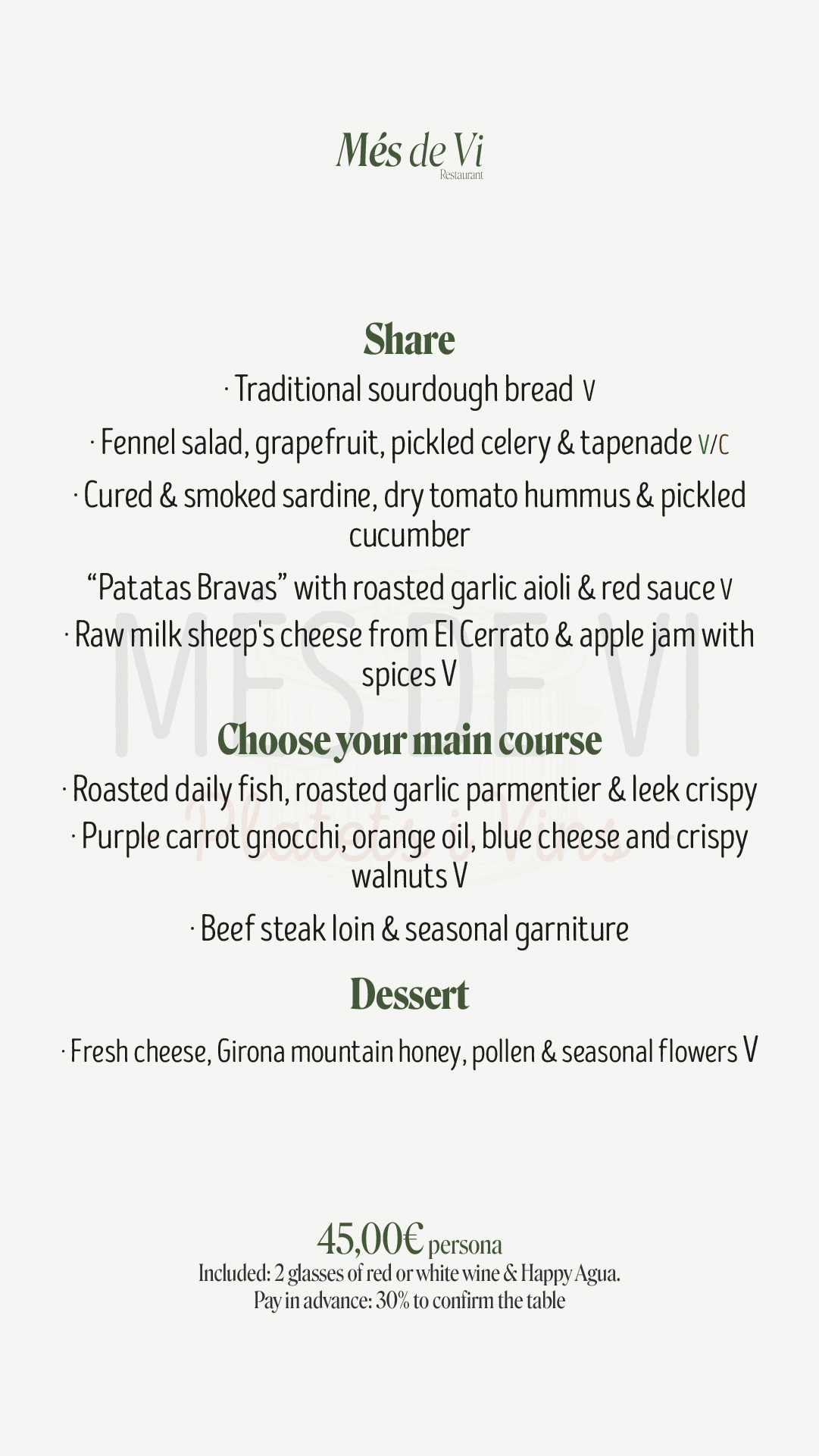 Events and groups menu at Més de Vi Restaurant for 45 euros per person