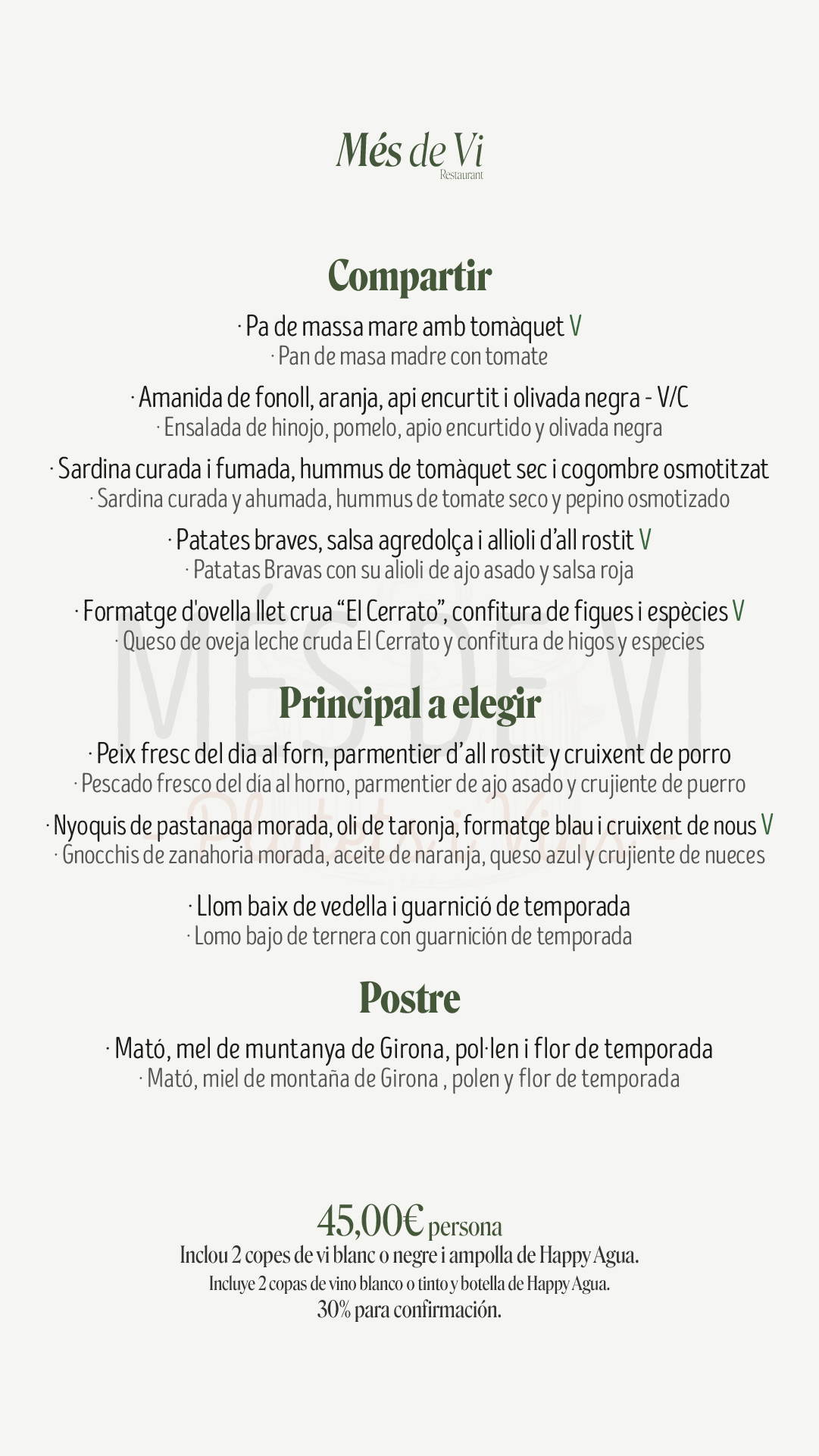 Menú para eventos y grupos en Més de Vi Restaurant por 45 euros por persona