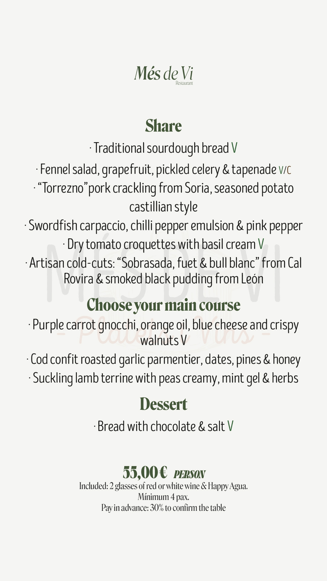 Events and groups menu at Més de Vi Restaurant for 55 euros per person