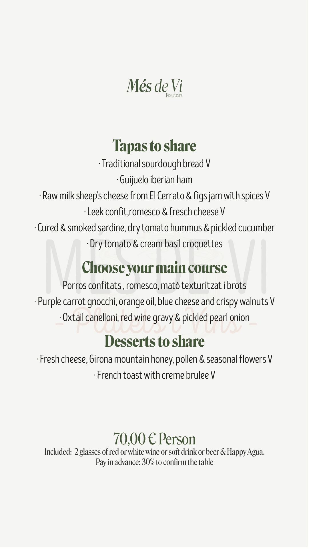 Events and groups menu at Més de Vi Restaurant for 70 euros per person