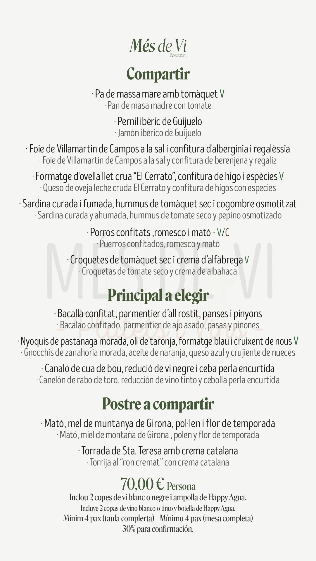 Menú en inglés para eventos y grupos en Més de Vi Restaurant por 70 euros por persona