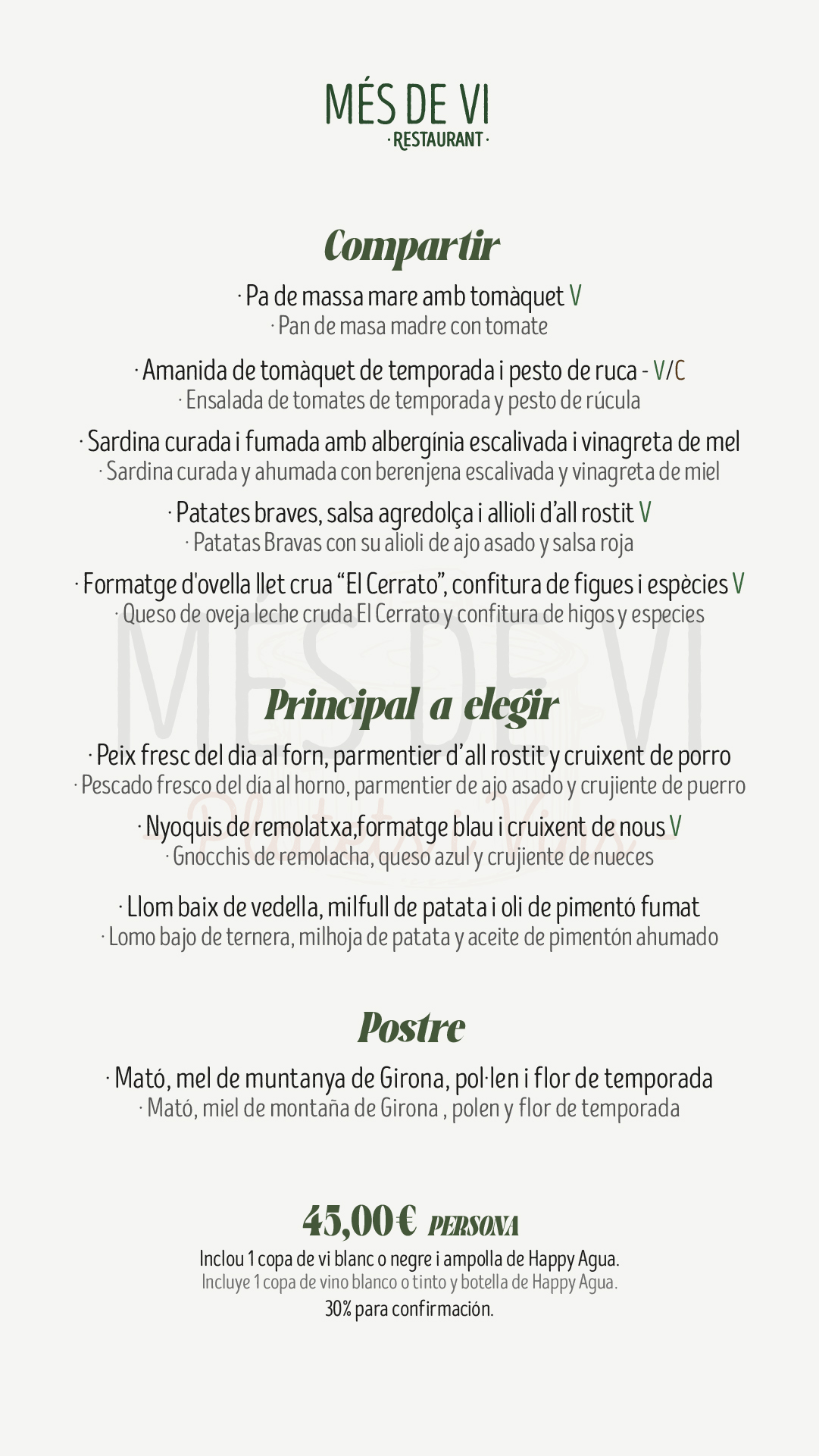 Menú para eventos y grupos en Més de Vi Restaurant por 45 euros por persona