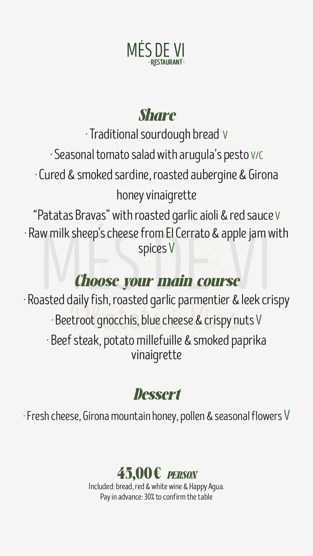 Events and groups menu at Més de Vi Restaurant for 45 euros per person