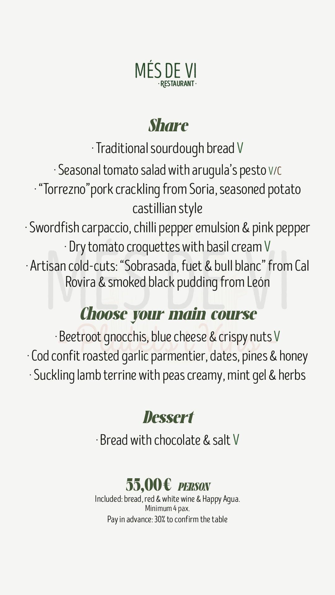 Events and groups menu at Més de Vi Restaurant for 55 euros per person
