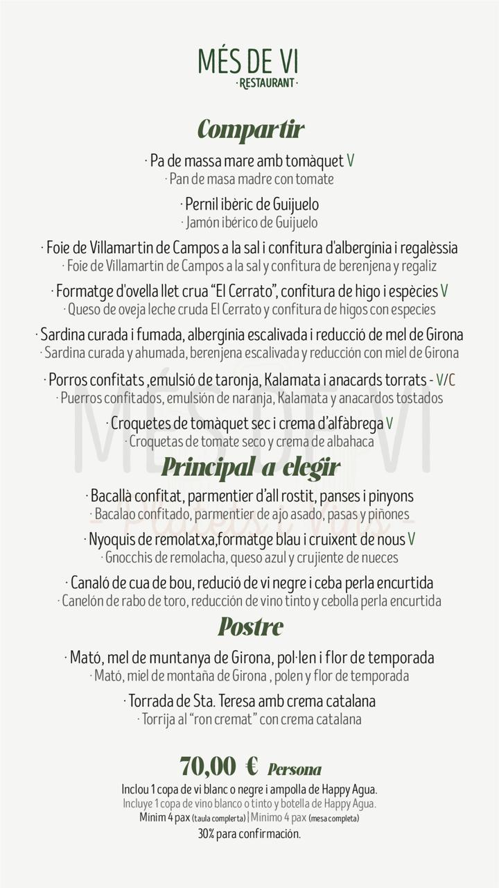 Menú en inglés para eventos y grupos en Més de Vi Restaurant por 70 euros por persona