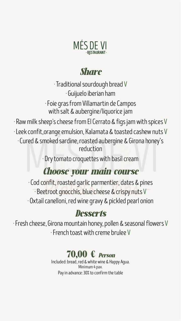 Events and groups menu at Més de Vi Restaurant for 70 euros per person