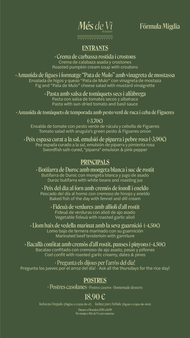 Daily menu 6–9 Oct · Més de Vi Restaurant (Poblenou) — roasted pumpkin soup, fig and Pata de Mulo cheese salad, Duroc butifarra, baked fish of the day and vegetable fideuà — €18.90